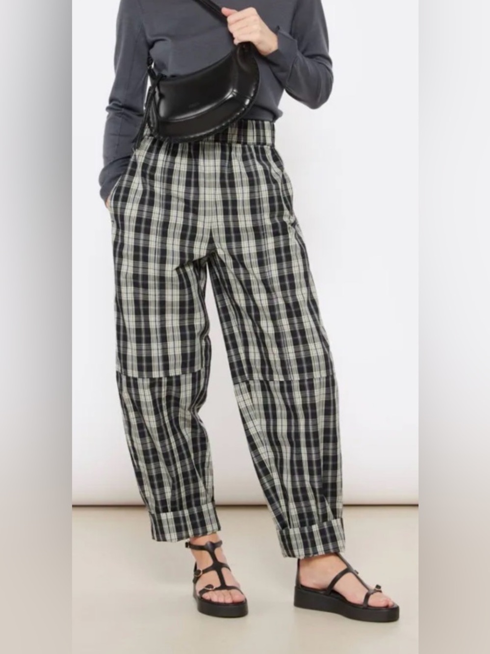 Ganni Plaid Wide-Leg Organic Cotton Pants